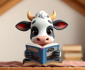  A charming cartoon cow engrossed in reading a book, set against a cozy, warm background, creating an endearing and whimsical scene. © Cartoon