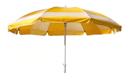 Open beach umbrella with yellow and white stripes providing shade on a sunny day