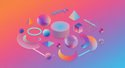 Fototapeta premium Abstract geometric shapes floating on a vibrant gradient background design