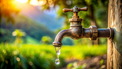 Water Droplet Falling From Faucet In Nature