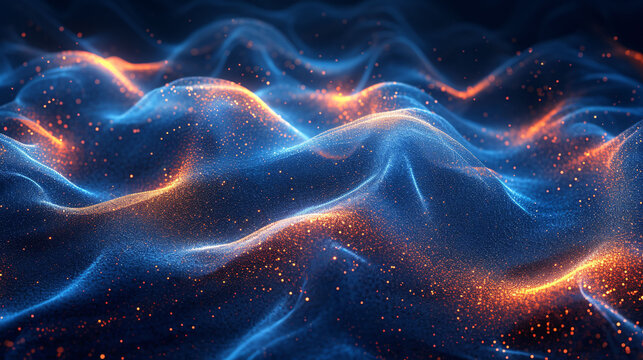 Digital landscape showcases glowing blue waves with shimmering orange particles in a flowing abstract pattern.