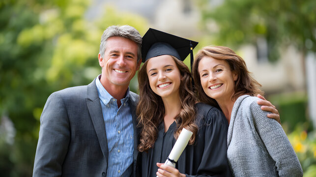 A family celebrating a child's graduation.	A proud family poses for a photo with their son or daughter who is wearing a graduation cap and gown.
