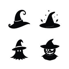 Silhouette set of various halloween witch hats Halloween silhouette Vector illustration