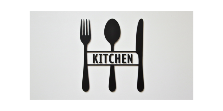 An elegant kitchen sign featuring a fork, spoon, and knife surrounding the word 'KITCHEN.'
