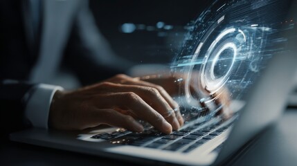Futuristic Hands Typing on Laptop with Digital Interface Overlay