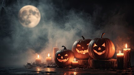 Spooky Halloween Scene with Jack-o'-Lanterns Under Moonlight