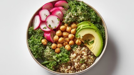 Colorful Healthy Salad Bowl with Avocado, Quinoa, and Radishes