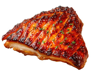 Delicious Charred Glazed Meat Slice with Crispy Skin Garnished by Fresh Herbs on Isolated Background for Culinary and Food Photography