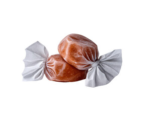 Delicious brown caramel candies wrapped in glossy white paper, perfect for dessert, snacks or sweet treats, showcasing a tempting sweet indulgence