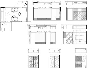 2D Interior Vector Drawing – Home Theater and Coffee Counter with Furniture Layout, Plan, and Elevation