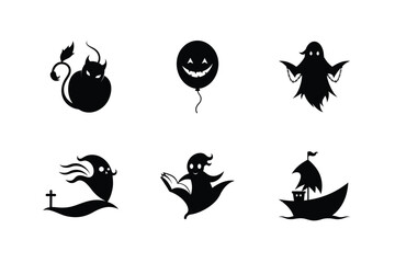 Silhouette set of devil tail floating pumpkin flying ghost and ghost ship Halloween silhouette Vector illustration