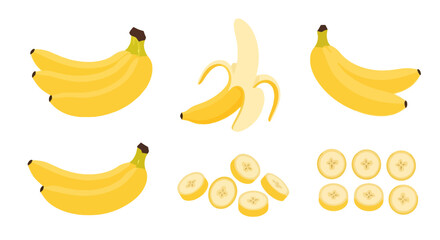 Banana Set Vector Illustration: Whole, Peeled, and Sliced