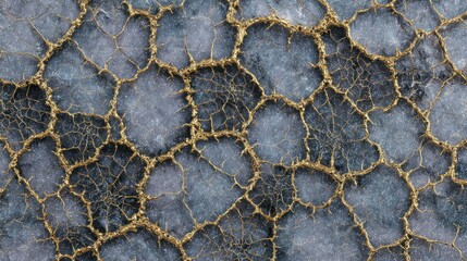 Abstract design of cracked, grey and gold resin art.