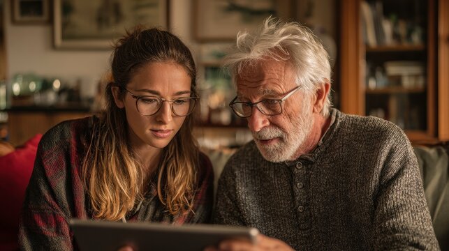 Engaging Generational Tech Interaction Between Young Woman and Elderly Man