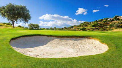 Sunny Golf Course Bunker, Hillside View, Green Fairway