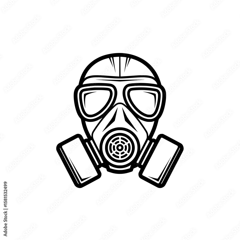 Poster gas mask with two smartphones and filter in minimal outline style