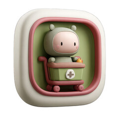 Cute cartoon character in a green cart, possibly a medical cart, with a yellow duck