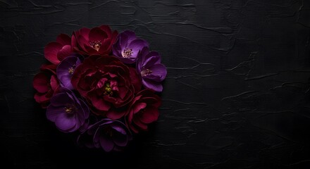 A cluster of dark red and purple ranunculus flowers arranged in a circular pattern against a textured black background.