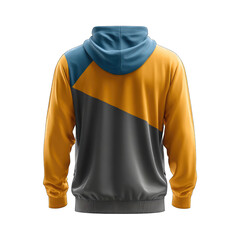 Back view of a zip-up hoodie with color blocks