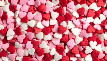 Heart-shaped candy sprinkles in red, pink, and white create a sweet, festive background