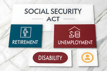 Social Security Act Infographic: A clear infographic showcasing the vital components of the Social Security Act, represented by distinct icons for retirement, unemployment, and disability benefits.