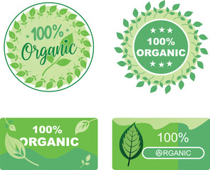 Set of Green 100% Organic Labels and Badges with Leaf Design