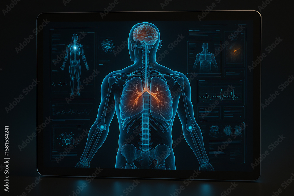 Poster ai generated high detail scan of male upper body with glowing spine lungs and joints on a digital in