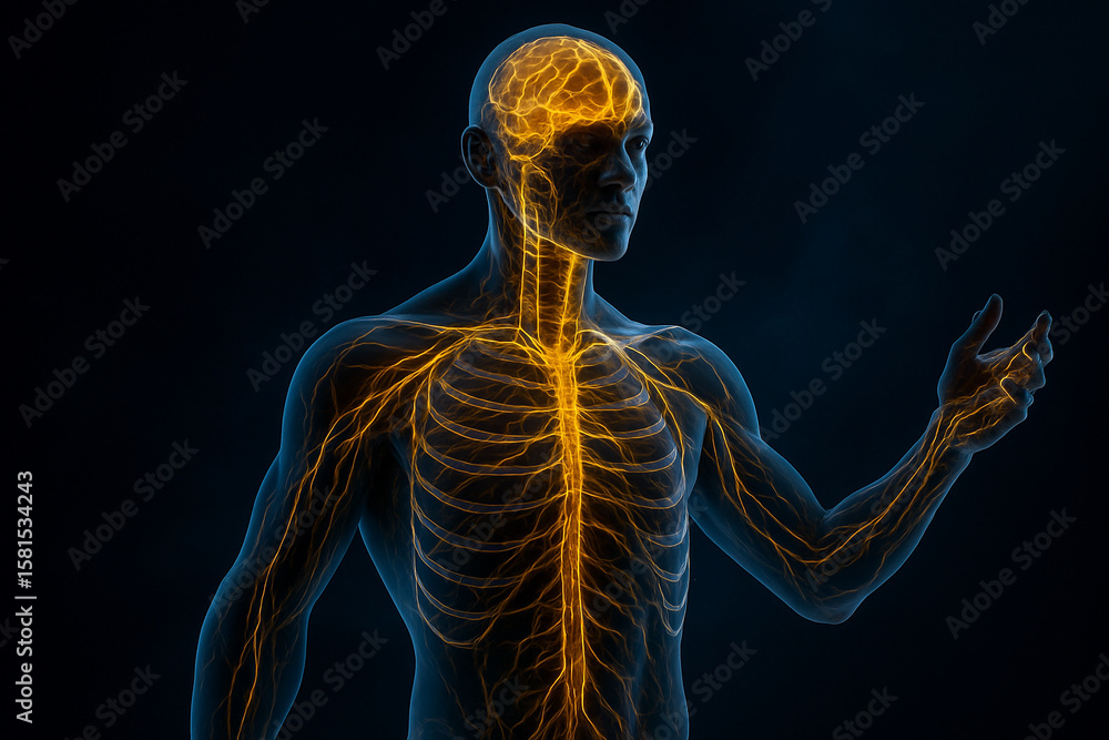 Poster ai generated glowing visualization of human nervous system with golden nerve lines inside transparen