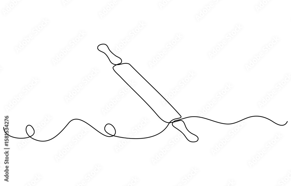 Poster rolling pin continuous one line isolated on white background. bakery symbol art drawing. rolling pin