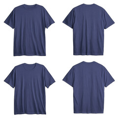 Four navy blue blank t-shirts, front and back views