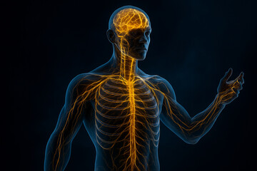 AI generated glowing visualization of human nervous system with golden nerve lines inside transparent body on dark sci fi background