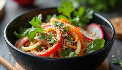 A vibrant salad with carrots radishes and herbs in a black bowl on a dark surface close up shot