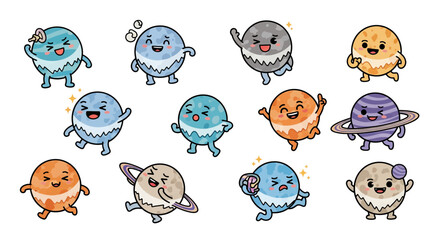 Set of cute planets with expressive faces for educational projects