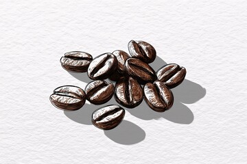 いくつかのコーヒー豆と白い背景のシンプルなイラスト