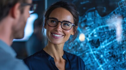 Smiling woman with glasses in a modern office setting with map