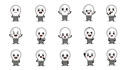 Obraz premium Collection of cartoon light bulb characters with various facial expressions