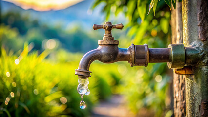 Water Droplet Falling From Faucet In Nature