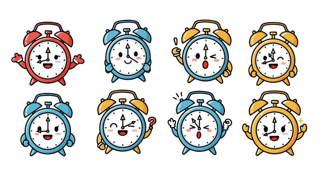 Collection of colorful alarm clocks with expressive faces and various poses