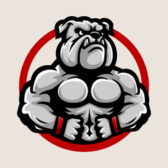 fun muscle dog bulldog colorful logo mascot character isolated drawing line style sketch classic vintage design illustration
