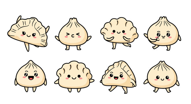 Cute dumpling characters with various expressions and poses for packaging