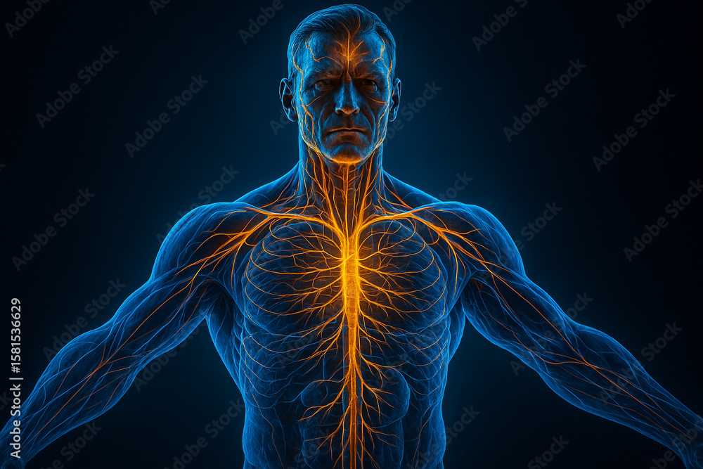 Poster ai generated upper body scan showing human nervous and circulatory systems glowing in orange and blu