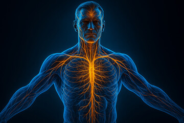 AI generated upper body scan showing human nervous and circulatory systems glowing in orange and blue against dark futuristic background for science and biotech visualization