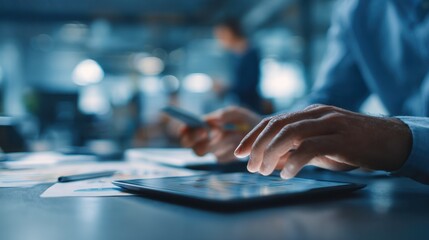 Person Using Tablet and Smartphone in Modern Office Environment