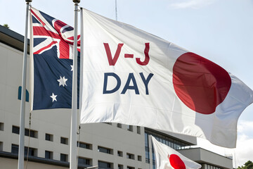 V-J Day Celebration with Flags: Commemorating Victory over Japan, the flags of different nations wave proudly, representing unity and the end of conflict. Symbolic and evocative.