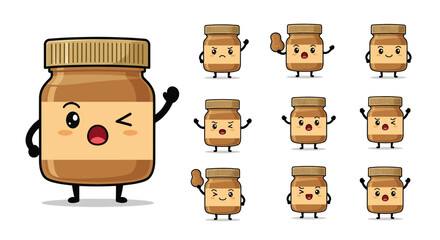 Kawaii peanut butter jar characters with expressive faces and gestures