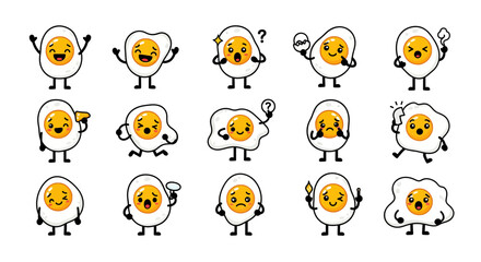 Obraz premium Set of cartoon fried eggs with various expressions and actions for food or cooking themes