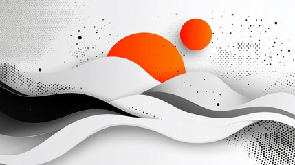 Minimalist Abstract Landscape with Sun and Waves in Orange and White