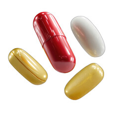 Four capsules, red, white, and gold, in a 3D image