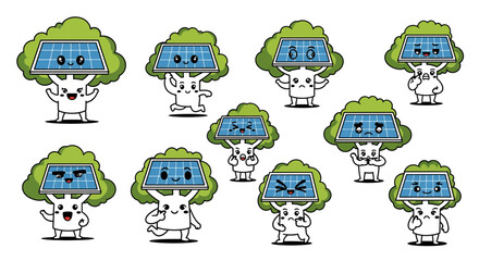 Obraz premium Cute cartoon trees with solar panels and expressive faces for renewable energy themes