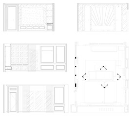 2D Interior Drawing of Living Room – Furniture Layout Plan and Elevation in Vector Format